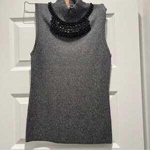 Adrienne Vittadini silver / black beaded turtleneck tank Size XL New with tags